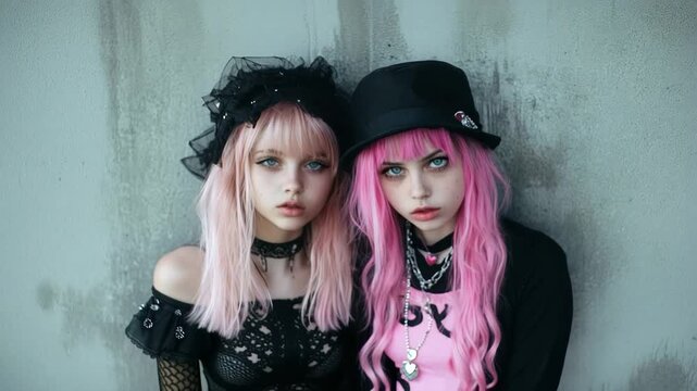 Two young women with pink hair and alternative fashion style posing against a concrete wall
