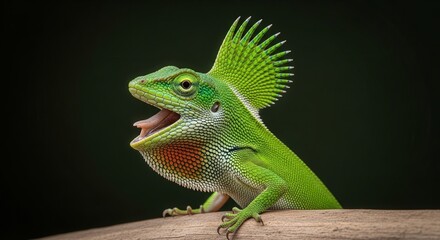 Fototapeta premium Close-up of Bright Green Iguana with Spiky Crest and Open Mouth on Dark Background