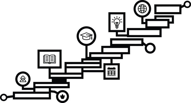 Education icons and symbols on a staircase leading to a lightbulb wqe 511