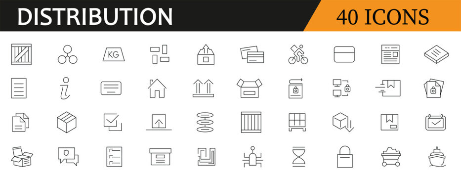 Distribution line Icons set. Logistics, distributor, exports, freight, warehouse, custom inspection, supply chain and delivery related outline icon collection. editable stroke.