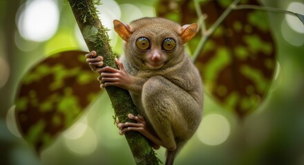 Fototapeta premium Close-Up of a Cute Lemur Clinging to Tree Branch in Dense Forest Scene