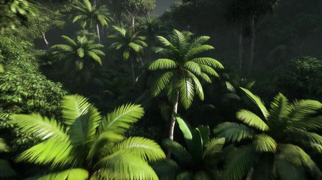 A lush rainforest canopy stretches below as the view glides smoothly overhead, revealing dense green palms and warm sunlight. A calm, seamless loop ideal for nature themes, travel visuals, and tropica