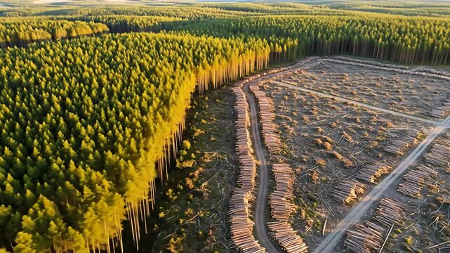 Aerial view of a lush forest juxtaposed with a cleared logging area, showcasing environmental impact