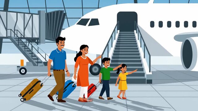 Animated indian family arriving at airport with luggage for vacation adventure celebrating togetherness and cultural travel before boarding flight
