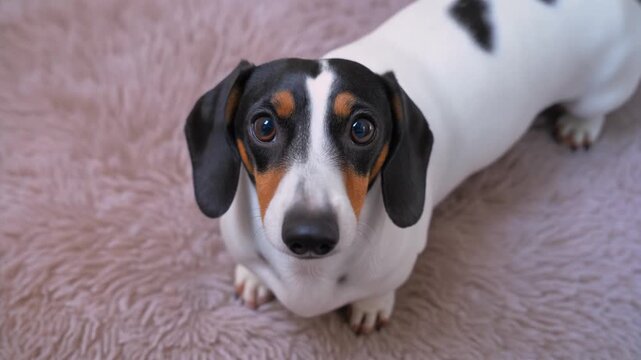 A piebald mini dachshund looks upward with bright, expressive eyes and a small, happy smile. Soft lighting and a warm background create a gentle, seamless loop ideal for pet, lifestyle, cute animal