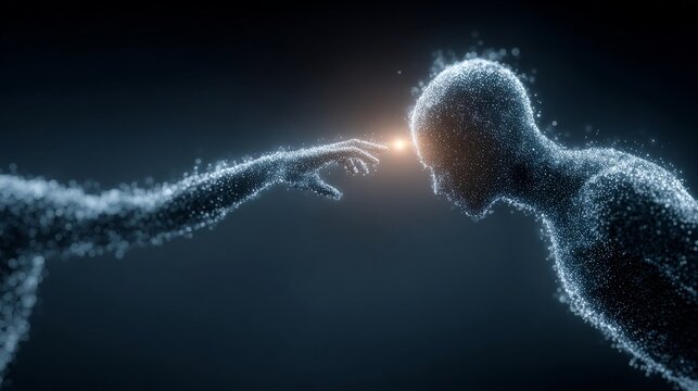 Digital Connection Abstract Sparkling Particles Forming Hand Touching Human Silhouette Concept of Artificial Intelligence Technology Innovation on Dark Background