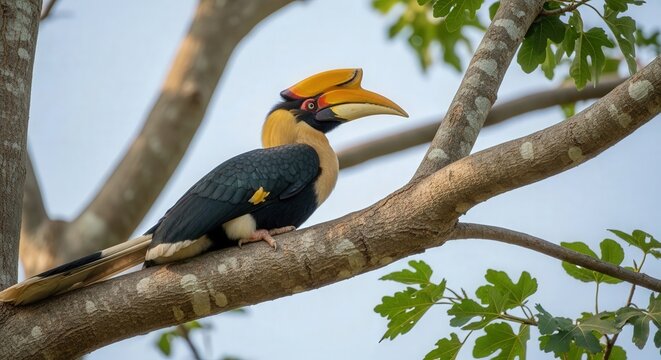 Colorful Hornbill Perched on Tree Branch in Natural Habitat