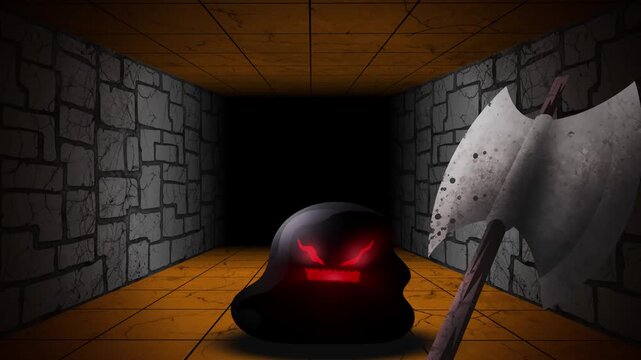 first person rpg warrior fighting black goo monster in dungeon