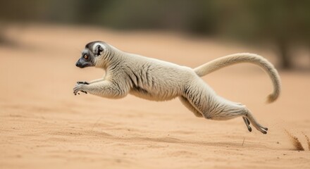 Fototapeta premium Fast Running Lemur in Open Environment with Dust Clouds and Dynamic Motion