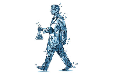Fototapeta premium Abstract Low Poly Scientist Walking With A Chemical Glass Flask Illustration Representing Scientific Research And Molecular Innovation