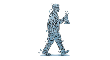 Fototapeta premium Abstract geometric scientist walking with a beaker, symbolizing innovative research and the fragmented nature of discovery in modern science