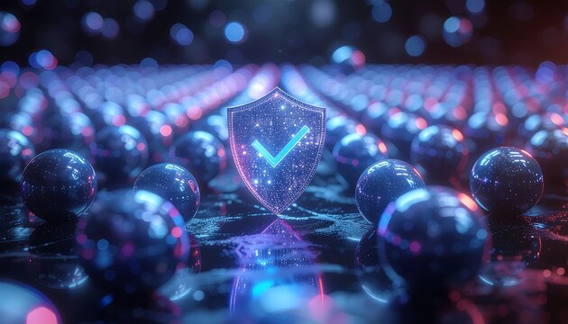 3D Isometric Cybersecurity Shield Icon with Checkmark in Glowing Data Network, Data Protection Concept