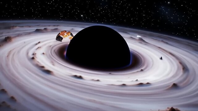 A mesmerizing view of a black hole surrounded by a swirling accretion disk and distant stars