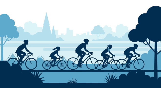 Family cycling together on a scenic path with city skyline in the background