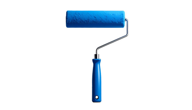 A blue paint roller with a chrome handle against a black background