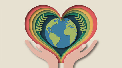 Fototapeta premium Hands holding heart shaped earth with rainbow colors and leaves on beige background symbolizing love and care for the planet
