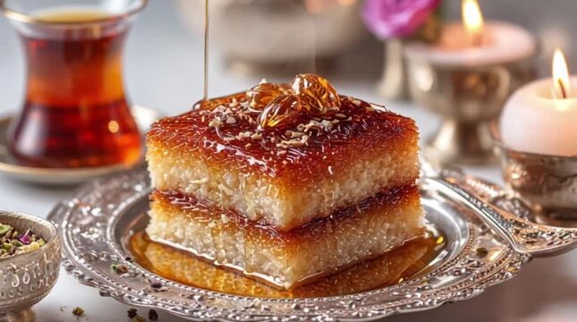 kunefe cake with honey, syrup and pistachio 