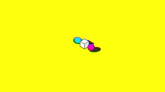 Geometric 3D shapes including a sphere cube and ball with halftone patterns and chromatic aberration shadows over a vibrant yellow backdrop creating a retro pop art aesthetic