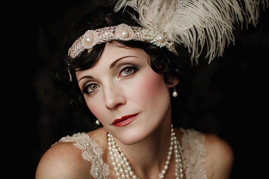 glamorous 1920s flapper portrait, pearls and feathered headband