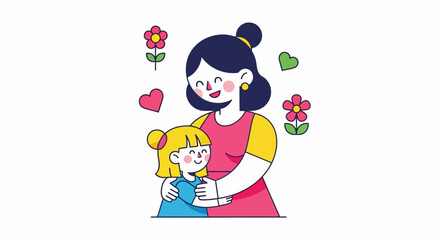 A mother embracing her child surrounded by flowers and hearts in a vibrant illustration