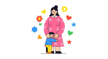 Fototapeta premium Mother embracing child surrounded by colorful hearts and stars in a whimsical illustration