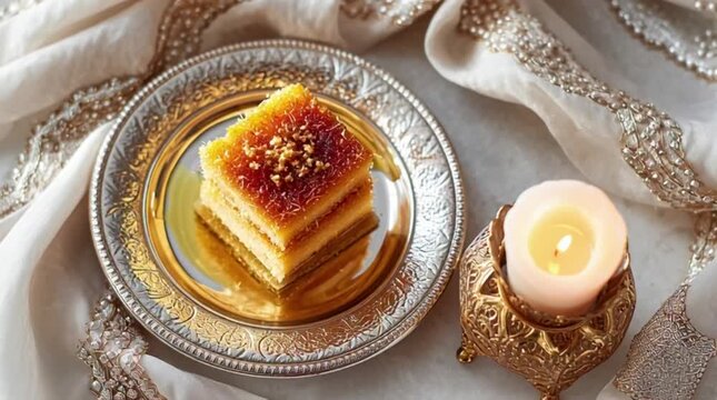 kunefe cake with honey, syrup and pistachio 