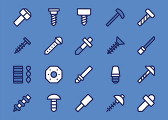 Fototapeta premium Industrial fastener icons including various screws bolts and rivets with different head shapes and thread patterns arranged on a solid blue background.