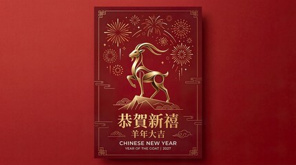 Chinese New Year poster featuring a goat zodiac sculpture and fireworks, minimalist

