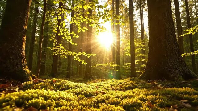 A forest with sunlight shining through the trees onto a mossy ground