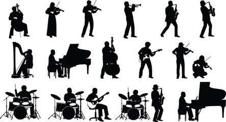 Black silhouette collection of professional musicians playing various instruments like piano drums guitar and violin for orchestra and jazz band, © jannat