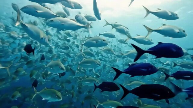 School of silver fish swim together in the ocean