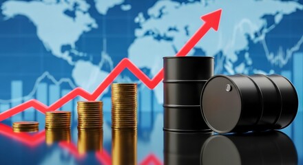 Obraz premium Oil Price Surge with Barrels and Upward Chart on World Map