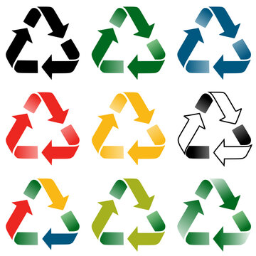 Recycle icons bundle isolated on white. Universal waste management and ecology signs. Vector illustration of reuse, reduce, and recycle logos.