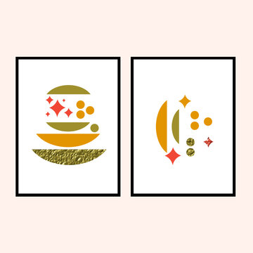 Set of two boho wall print vector. Aesthetic wall decoration for living room wallpaper. 