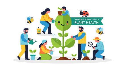 Fototapeta premium People nurturing a large plant with care and dedication in a vibrant illustration celebrating Plant Health