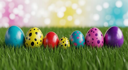 Fototapeta premium Colorful easter eggs in grass with bokeh background holiday decoration