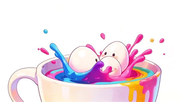 Animated Easter eggs joyfully splash into a colorful cup filled with vibrant liquid, showcasing a playful scene of excitement and fun in a whimsical setting