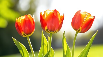 Fototapeta premium Radiant Trio of Tulips: Three vibrant tulips blossom in the gentle embrace of the sun, their petals ablaze with hues of red and yellow, offering a captivating spectacle of nature's artistry.