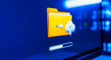 Data transfer concept showing a yellow folder uploading files to a cloud icon with a progress bar on a digital blue screen.