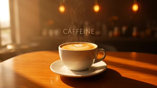 Secangkir kopi latte panas mengepul dengan hiasan hati di atas meja kayu dalam suasana kafe yang nyaman dengan cahaya matahari keemasan yang hangat masuk.