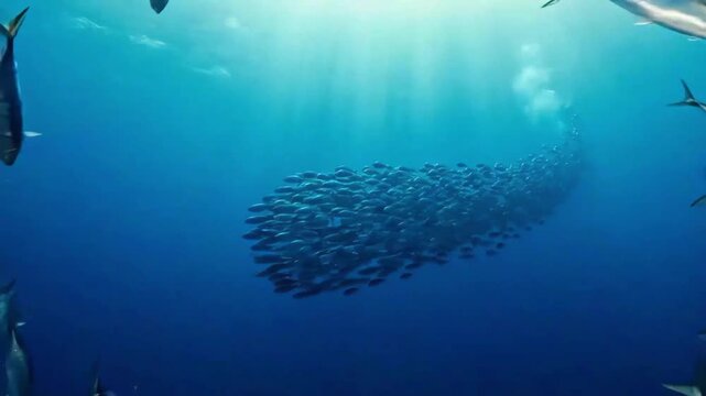 School of fish swimming together in ocean water