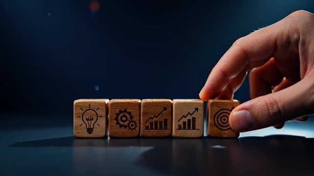 Wooden cubes with icons representing idea generation, process improvement, and business growth, symbolizing a strategic business development concept.