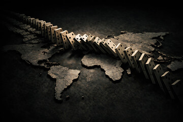 Domino chain reaction over world map symbolizing global crisis economic collapse conflict and geopolitical instability high resolution photo