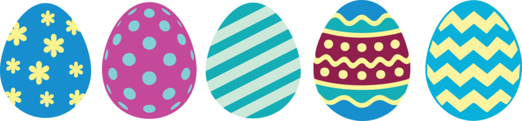 Colorful Easter egg vector set featuring modern patterns, polka dots, stripes, flowers and zigzag designs. Bright festive illustration perfect for spring holiday card, decoration, poster, kids design.
