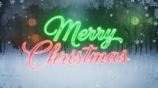 A glowing neon sign displays the cheerful phrase "Merry Christmas" in festive green and red script, set against a snowy, frosted window with blurred holiday lights.