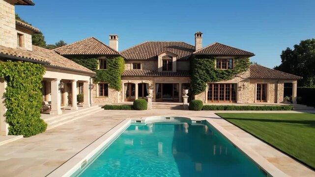 Luxury house with a swimming pool in the backyard on a sunny day