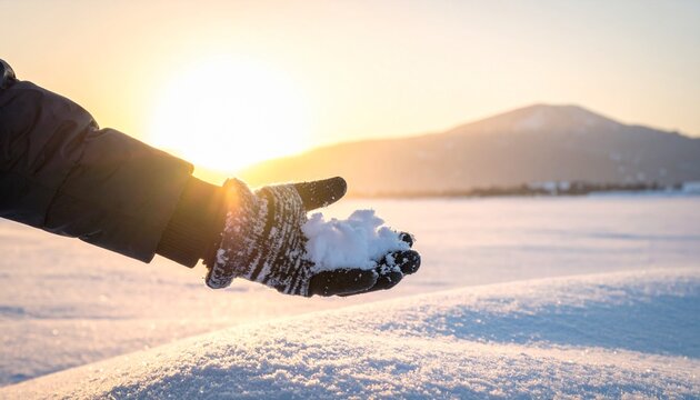 Touching Cold Snow with Bare Hand in Vast Snow Field
