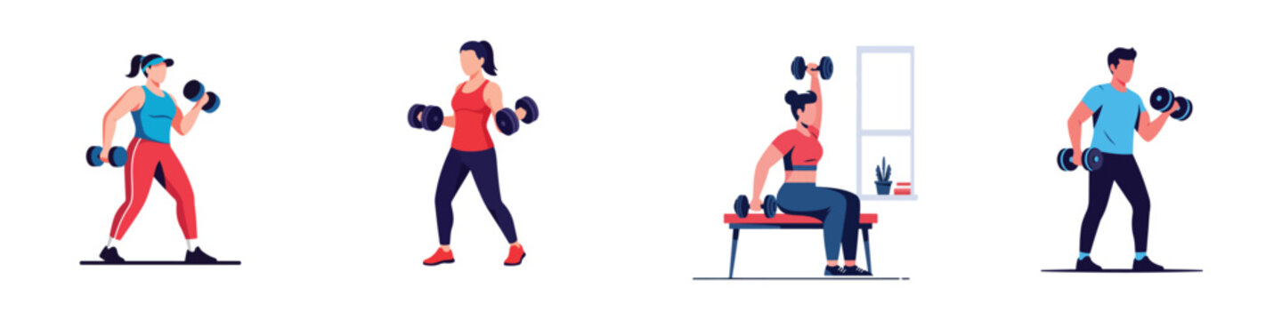 Modern flat vector illustration of a person performing a dumbbell exercise at home, minimalist aesthetic, white background.
