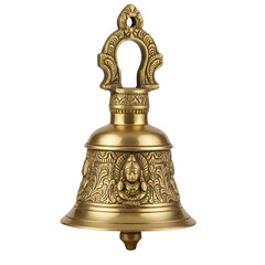 Ornate Brass Temple Bell Ghanti with Carved Deity Isolated PNG