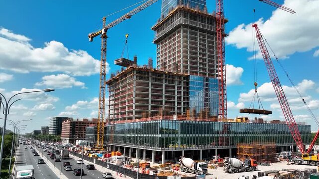 Construction site with cranes and a tall building under development